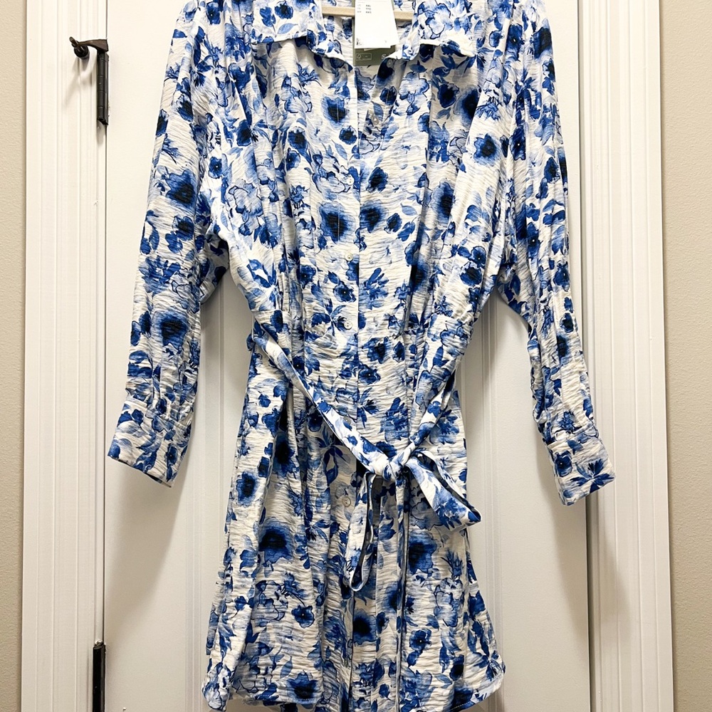 Blue and White Floral Button-Up Dress